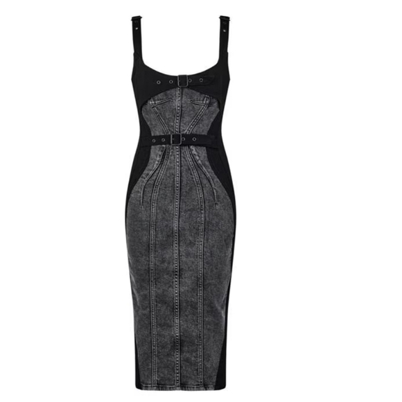 Dresses & Skirts - Denim Bodycon Buckle Sexy Goth Punk Edgy Corset Zipper Midi Dress